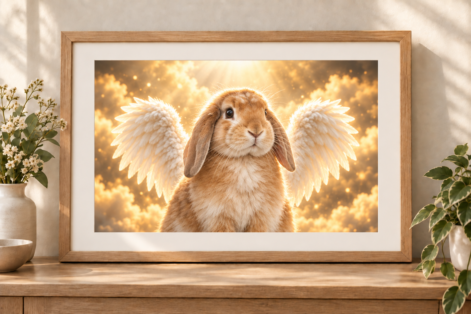 Illustrative winged rabbit portrait in a complete landscape frame with an ivory picture mount