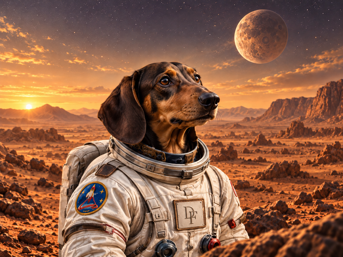 Illustrative custom portrait: a dachshund astronaut