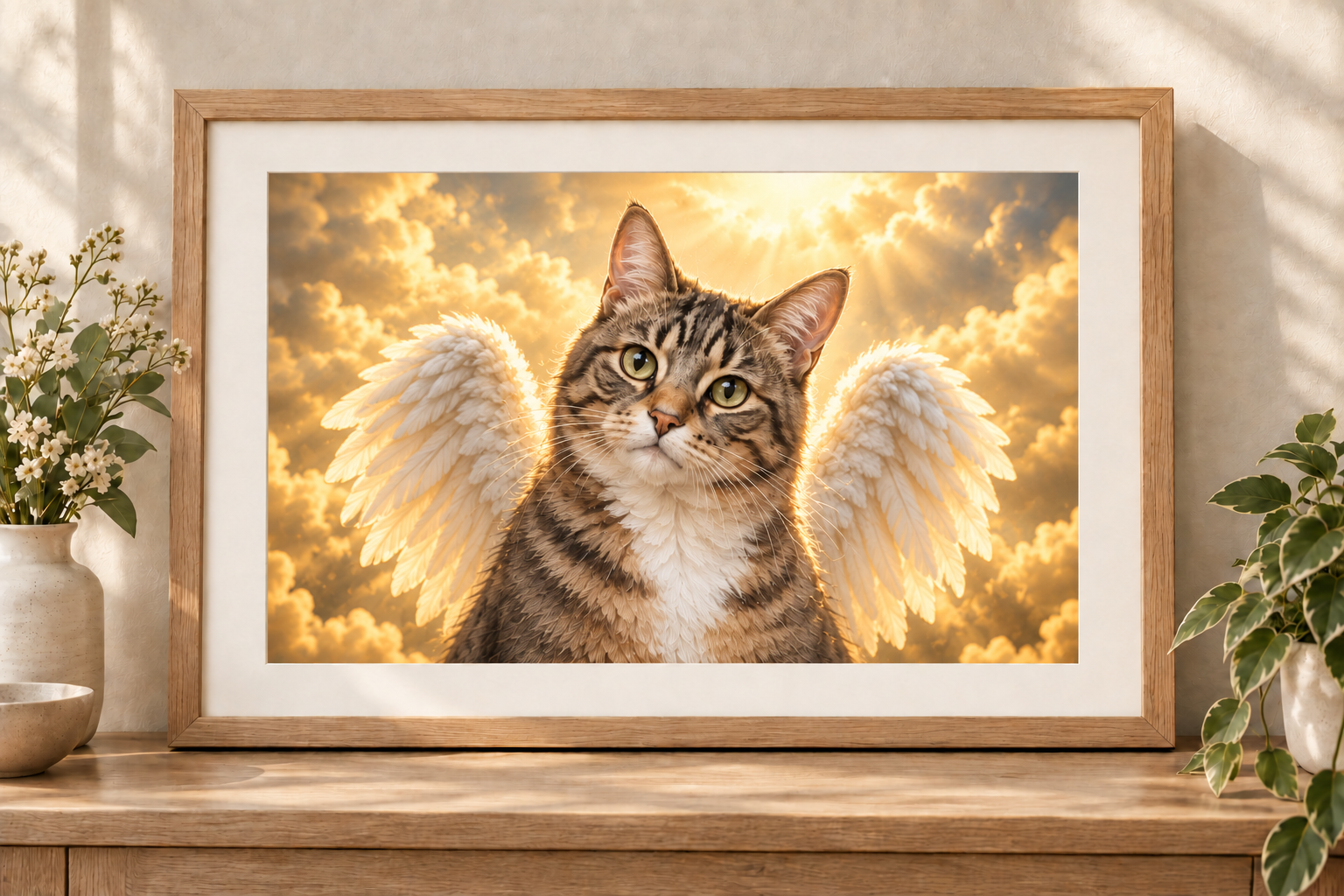 Illustrative winged cat portrait in a complete landscape frame with an ivory picture mount
