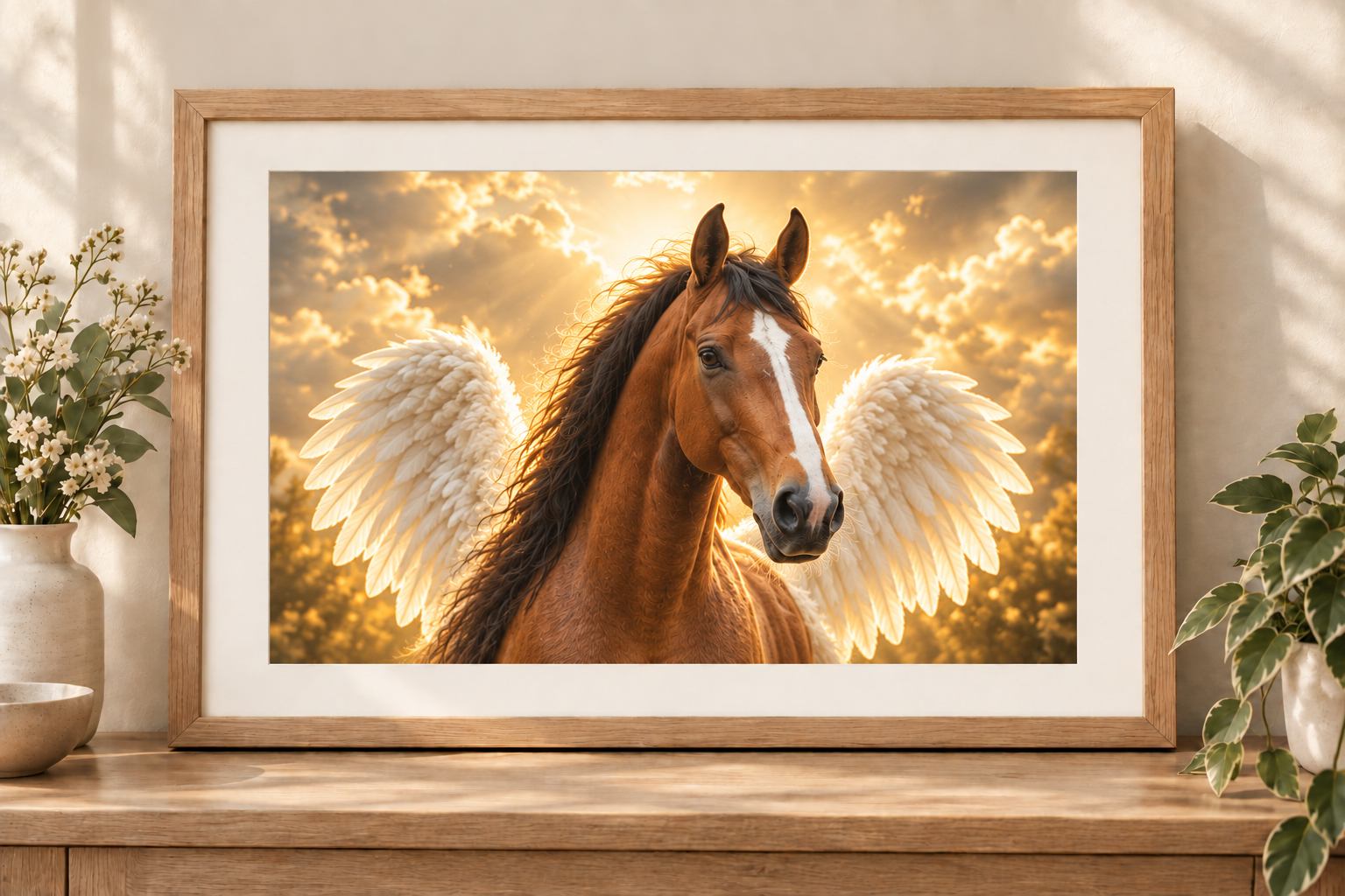 Illustrative winged horse portrait in a complete landscape frame with an ivory picture mount