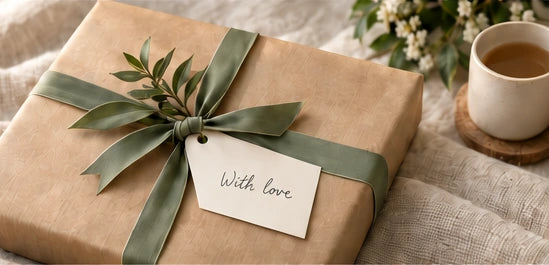 Illustrative portrait package with sage ribbon and a With love card