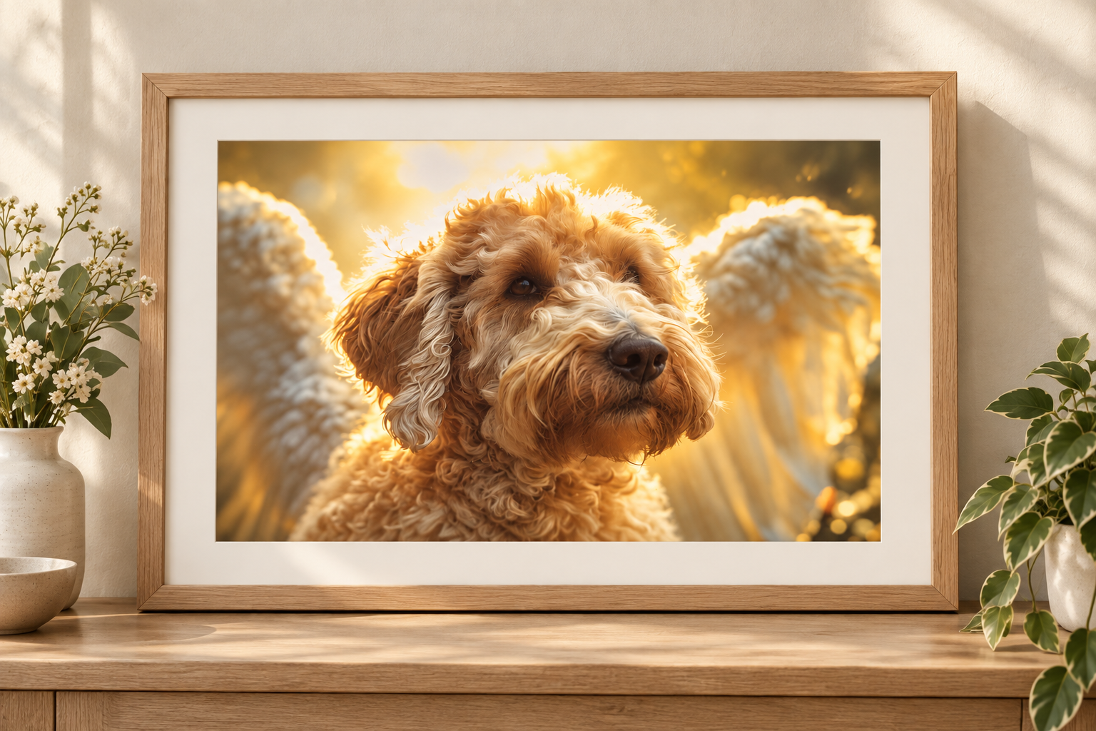 Illustrative landscape Oscar angel portrait in a natural-finish frame with an ivory picture mount